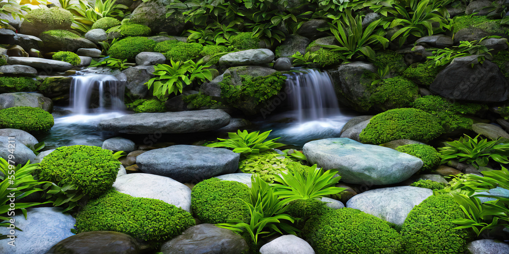 Serene Wellness Spa with Waterfall and Stones, Tranquil Oasis with Lush ...