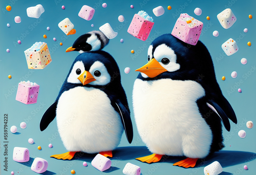 Obraz premium painting of a fluffy happy penguin chick with marshmallows flying everywhere. Generative AI