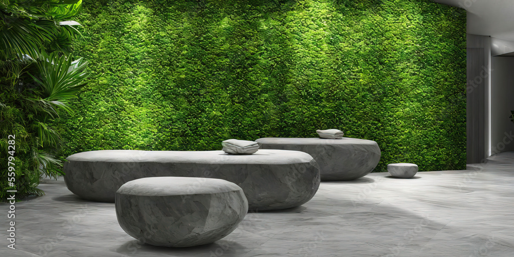 Wellnes spa indoor, green wall, natural stones Wellnes spa indoor, green wall, natural stones