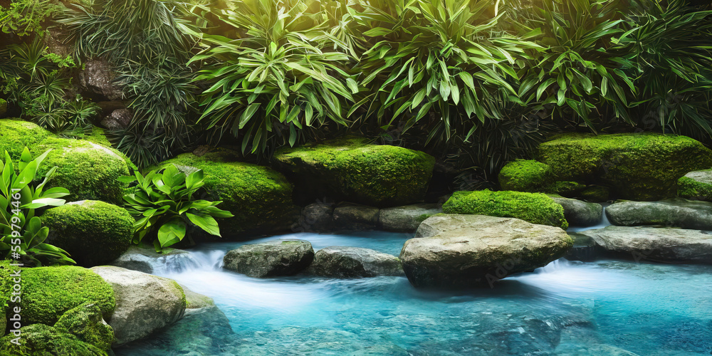 Find peace and tranquility in this image of a wellness spa featuring a natural pool, surrounded by a lush green wall and various green plants. Perfect for promoting relaxation and nature-inspired well