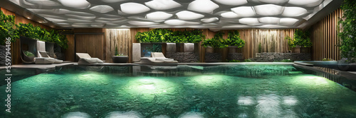 Find peace and tranquility in this image of a wellness spa featuring a natural pool  surrounded by a lush green wall and various green plants. Perfect for promoting relaxation and nature-inspired well