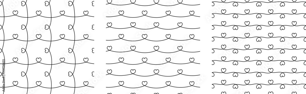 Three stylish patterns with hearts drawn by hand in one line. Line drawing. Three stylish patterns with hearts drawn by hand in one line. Line drawing.