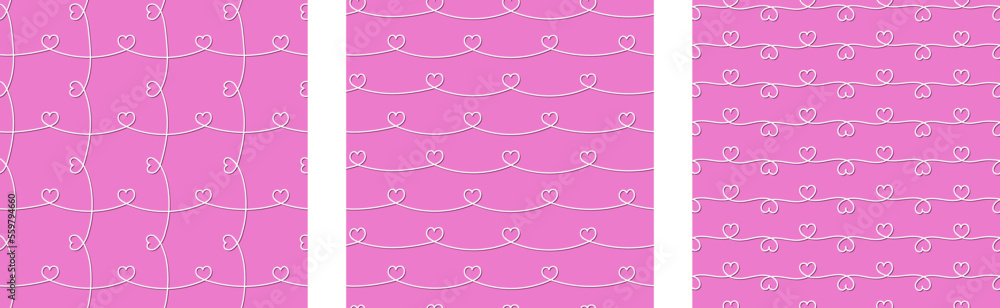 Three stylish pink seamless patterns with hearts connected by a line. Line drawing.