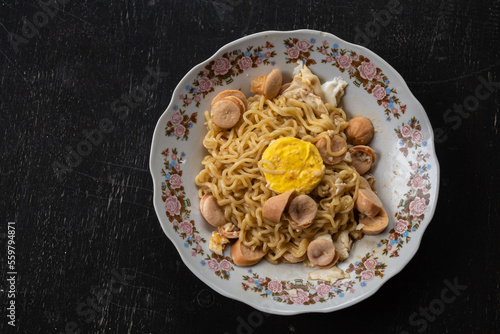 fried noodles with egg and sausage