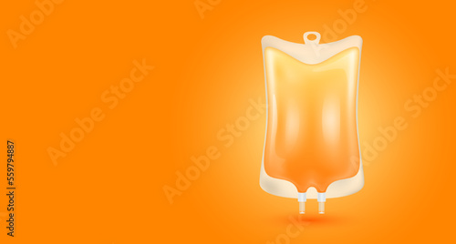 Plastic saline bag orange isolated realistic. 3D vector. IV drip vitamins collagen intravenous. For medical advertising and skin care beauty. With copy space for text.