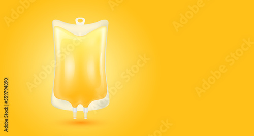 Plastic saline bag orange isolated realistic. 3D vector. IV drip vitamins collagen intravenous. For medical advertising and skin care beauty. With copy space for text.