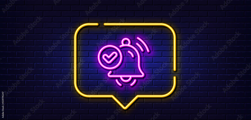 Neon light speech bubble. Notification received line icon. Selected reminder sign. Alarm bell symbol. Neon light background. Notification received glow line. Brick wall banner. Vector Neon light speech bubble. Notification received line icon. Selected reminder sign. Alarm bell symbol. Neon light background. Notification received glow line. Brick wall banner. Vector