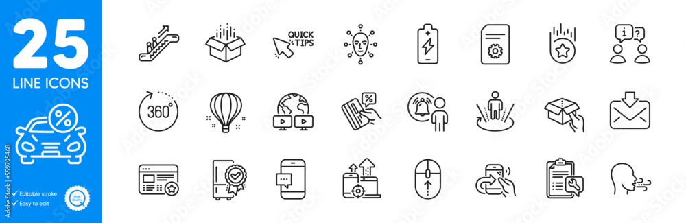 Outline icons set. Open box, Hold box and Air balloon icons. Incoming mail, Smartphone message, Favorite web elements. Quick tips, User notification, Certified refrigerator signs. Vector Outline icons set. Open box, Hold box and Air balloon icons. Incoming mail, Smartphone message, Favorite web elements. Quick tips, User notification, Certified refrigerator signs. Vector