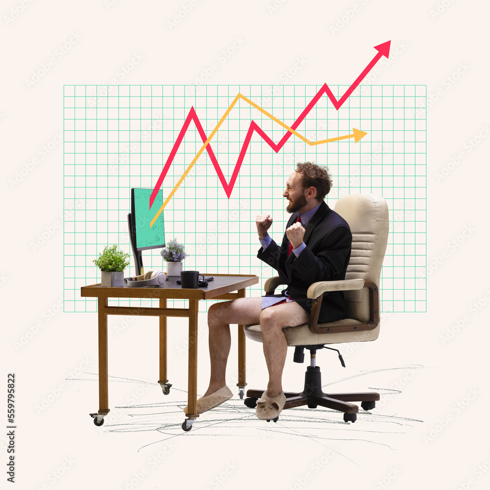 Contemporary art collage. Conceptual design. Remote work. Man, freelancer feeling success, growing graph, professional growth Contemporary art collage. Conceptual design. Remote work. Man, freelancer feeling success, growing graph, professional growth