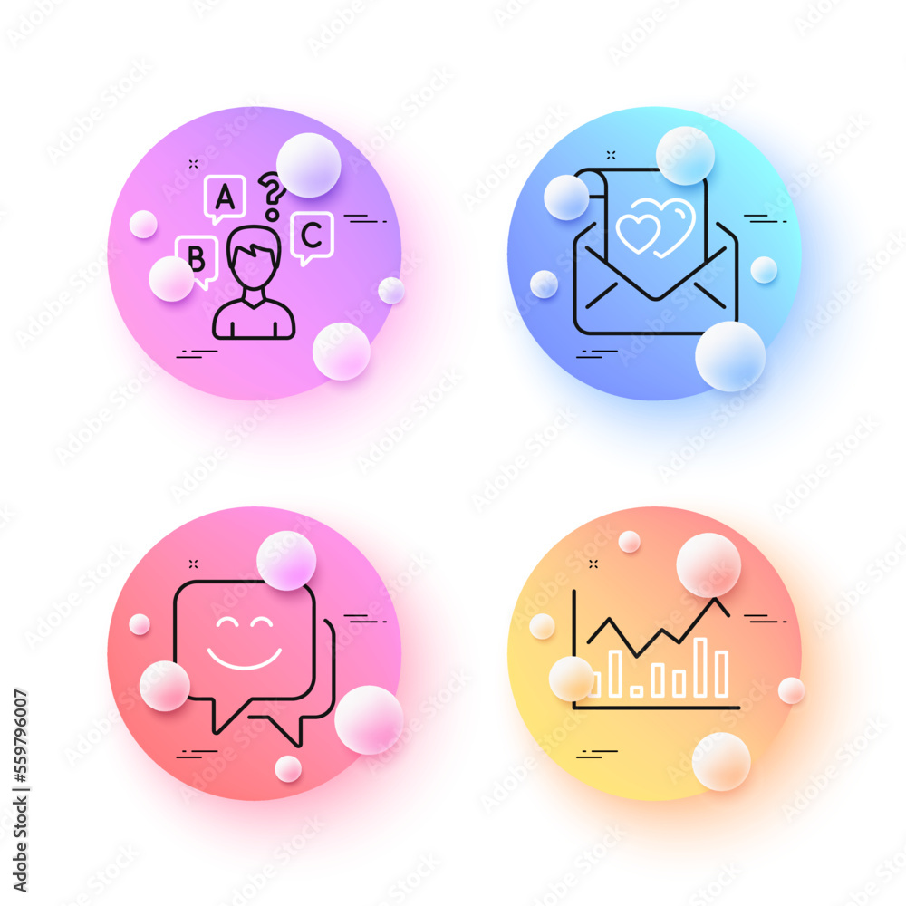 Love letter, Infochart and Smile face minimal line icons. 3d spheres or balls buttons. Quiz test icons. For web, application, printing. Valentine mail, Stock exchange, Chat. Interview. Vector Love letter, Infochart and Smile face minimal line icons. 3d spheres or balls buttons. Quiz test icons. For web, application, printing. Valentine mail, Stock exchange, Chat. Interview. Vector