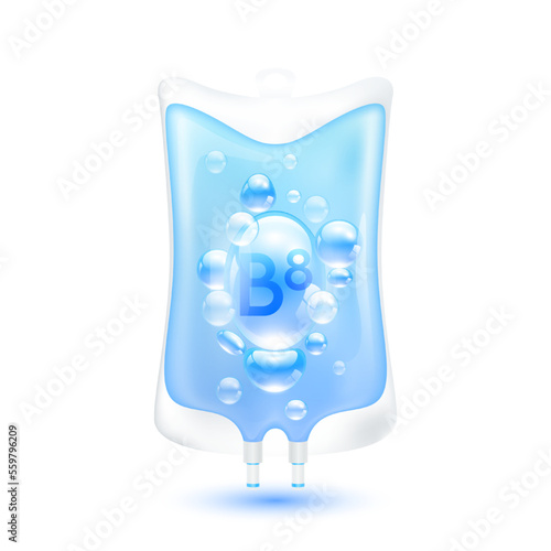 Vitamin B8 serum bubbles collagen blue inside plastic saline bag. IV drip vitamins minerals beauty skincare intravenous. Medical concept. Isolated realistic on white background 3D vector.