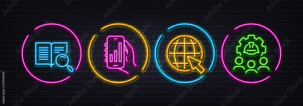 Search text, Internet and Analysis app minimal line icons. Neon laser 3d lights. Engineering team icons. For web, application, printing. Open book, World web, Smartphone charts. Vector