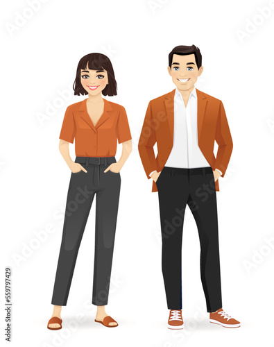 Business team. Cheerful business man and woman in casual style clothes standing isolated vector illustration.