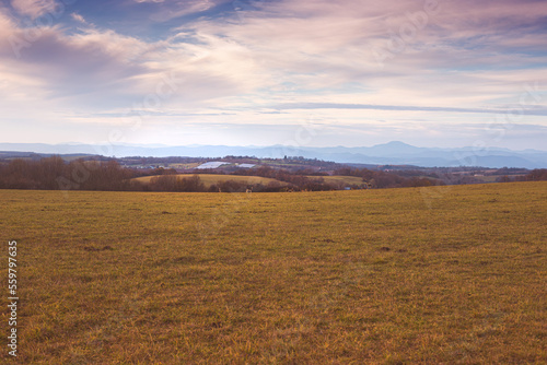 Late autumn landscape.Hills and fields in background.