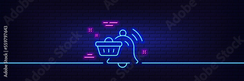 Neon light glow effect. Notification cart line icon. Bell alarm reminder sign. Shopping message symbol. 3d line neon glow icon. Brick wall banner. Notification cart outline. Vector