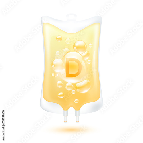 Vitamin D serum bubbles collagen yellow inside plastic saline bag. IV drip vitamins minerals beauty skincare intravenous. Medical concept. Isolated realistic on white background 3D vector.