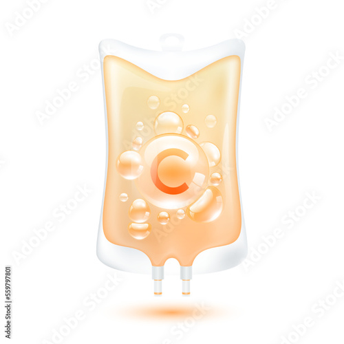 Vitamin C serum bubbles collagen orange inside plastic saline bag. IV drip vitamins minerals beauty skincare intravenous. Medical concept. Isolated realistic on white background 3D vector.