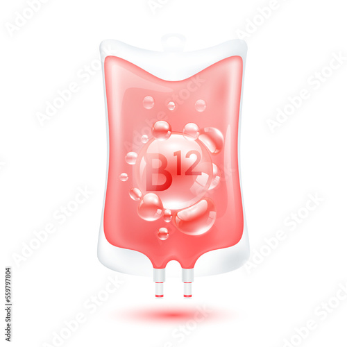 Vitamin B12 serum bubbles collagen red inside plastic saline bag. IV drip vitamins minerals beauty skincare intravenous. Medical concept. Isolated realistic on white background 3D vector.