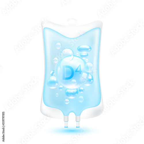 Vitamin D3 serum bubbles collagen pink purple inside plastic saline bag. IV drip vitamins minerals beauty skincare intravenous. Medical concept. Isolated realistic on white background 3D vector.