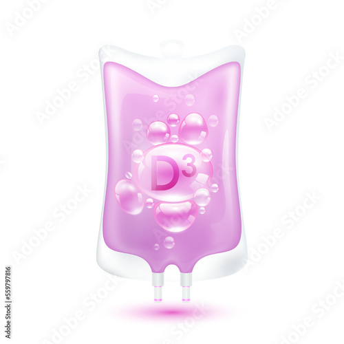 Vitamin D3 serum bubbles collagen pink purple inside plastic saline bag. IV drip vitamins minerals beauty skincare intravenous. Medical concept. Isolated realistic on white background 3D vector.