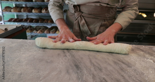 Baker Preparing kneading traditional dough bread and cakes with hand4