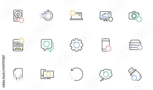 Recovery line icons. Backup, Restore data and recover file. Laptop renew, drive repair and phone recovery icons. Linear set. Bicolor outline web elements. Vector