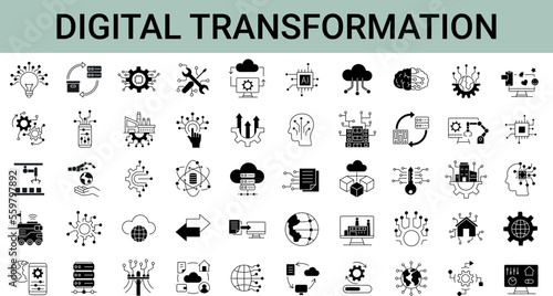Set of 50 digital transformation simple icons. Collection of line icons as digital services, internet, cloud computing, technology. Editable stroke.  Vector illustration