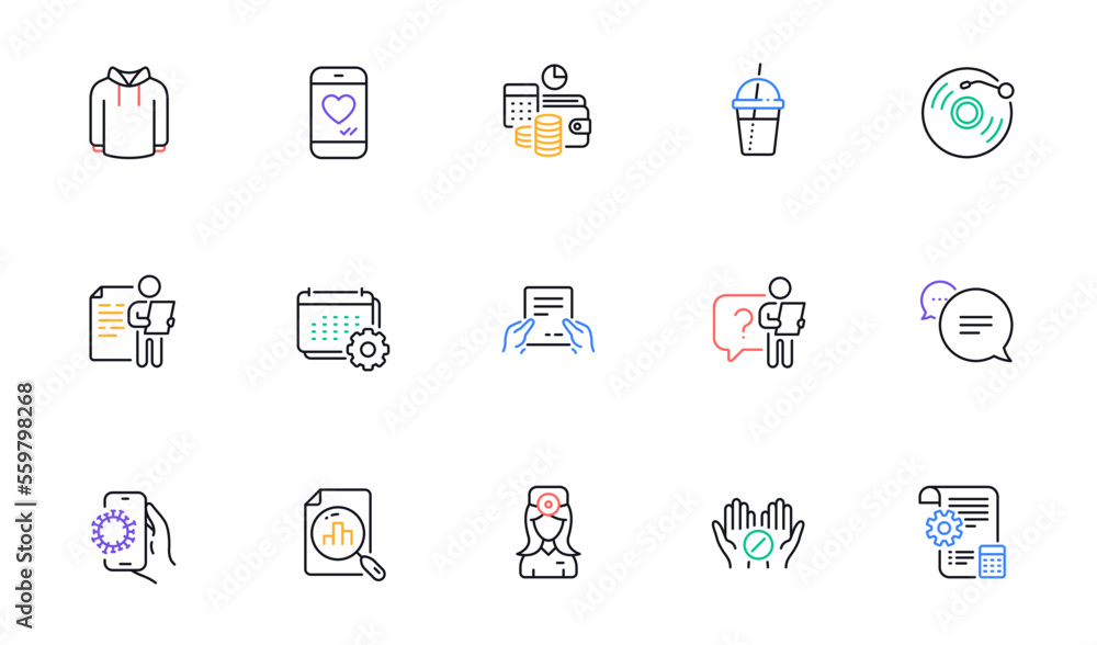 Budget accounting, Oculist doctor and Text message line icons for website, printing. Collection of Vinyl record, Coffee cocktail, Hoody icons. Receive file, Love chat. Vector