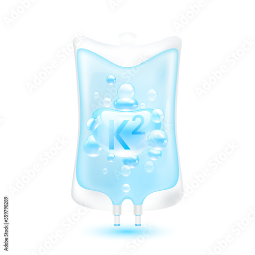 Vitamin K2 serum bubbles collagen blue inside plastic saline bag. IV drip vitamins minerals beauty skincare intravenous. Medical concept. Isolated realistic on white background 3D vector.