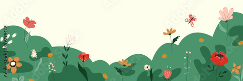 Nature background with wild flowers, herbs, plants, butterfly. Cute floral blooming horizontal banner. Decorative spring field border. Cartoon flat vector illustration