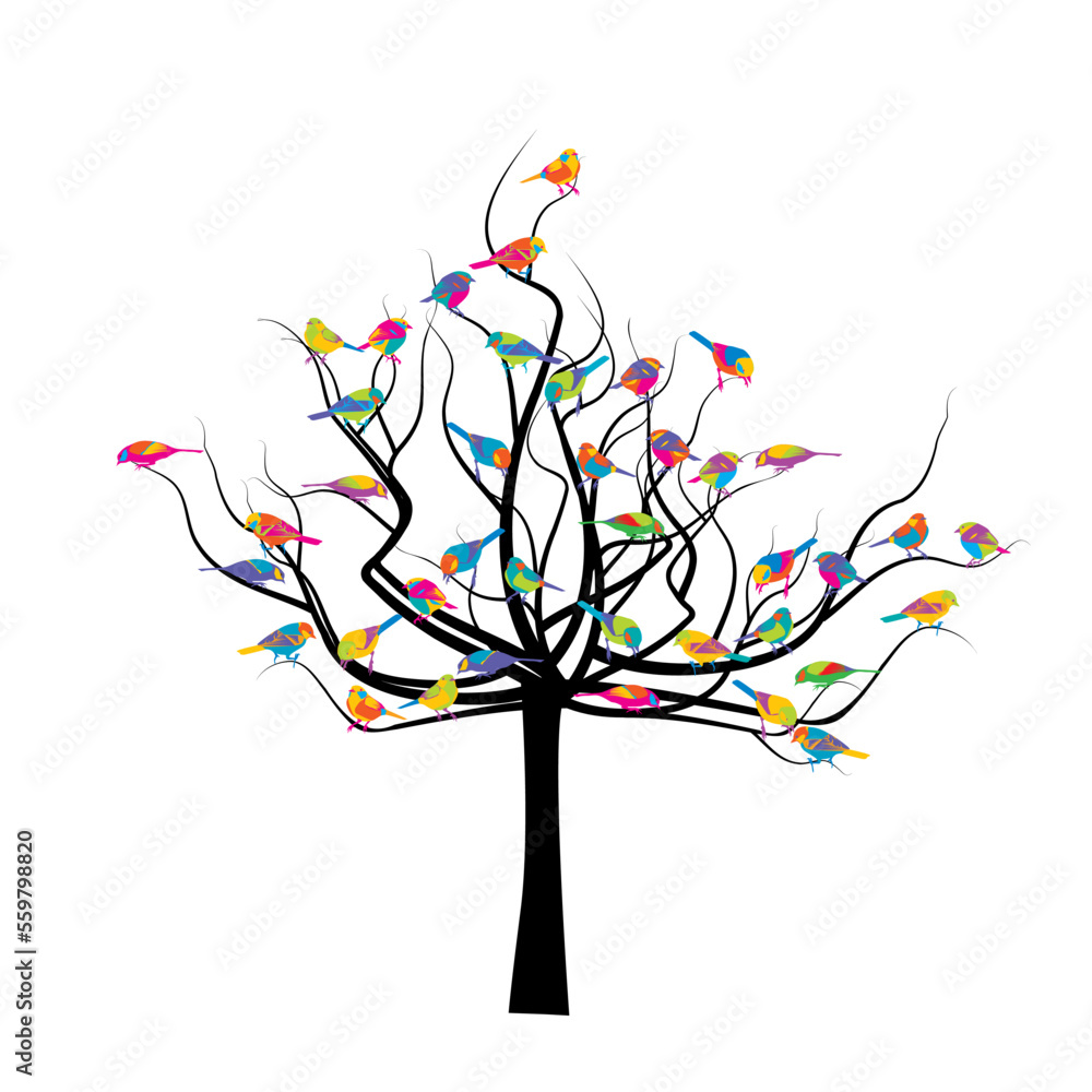 Tree with colored birds isolated on white background Tree with colored birds isolated on white background