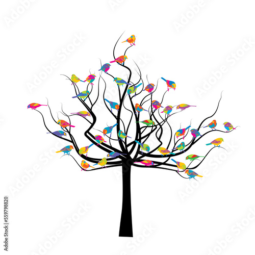 Photography Tree with colored birds isolated on white background