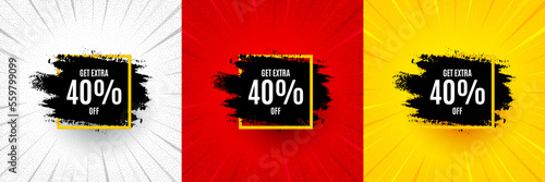 Get 40 percent off paint brush banner. Flash offer banner, coupon or poster. Discount square frame. Sale tag icon. Sale frame promo banner. Retail marketing flyer. Starburst pop art. Vector