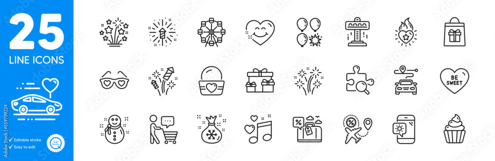 Outline icons set. Travel loan, Search puzzle and Ice cream icons. Santa sack, Love music, Fireworks web elements. Fireworks explosion, Holidays shopping, Journey signs. Snowman. Vector