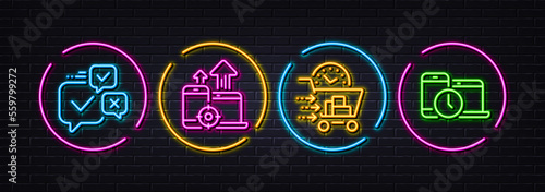 Online voting, Food delivery and Seo devices minimal line icons. Neon laser 3d lights. Time management icons. For web, application, printing. Internet chat, Shopping cart, Mobile stats. Vector