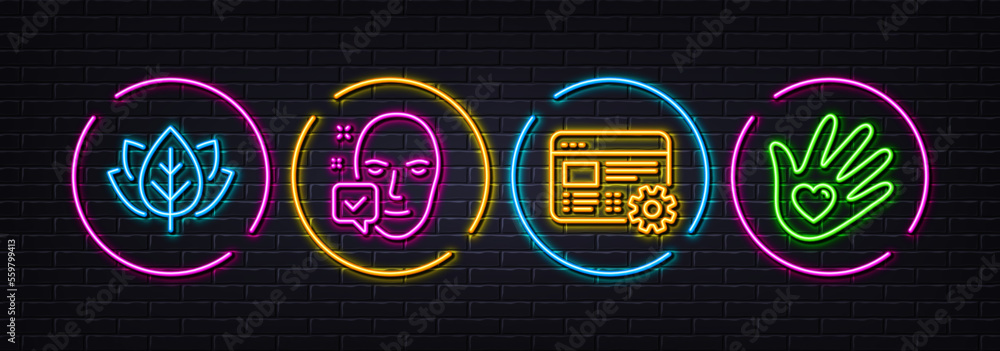 Web settings, Face accepted and Organic tested minimal line icons. Neon laser 3d lights. Social responsibility icons. For web, application, printing. Vector Web settings, Face accepted and Organic tested minimal line icons. Neon laser 3d lights. Social responsibility icons. For web, application, printing. Vector