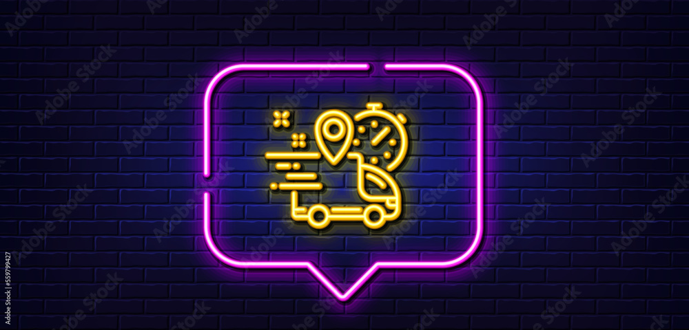 Neon light speech bubble. Express delivery line icon. Courier truck location sign. Order delivery symbol. Neon light background. Express delivery glow line. Brick wall banner. Vector Neon light speech bubble. Express delivery line icon. Courier truck location sign. Order delivery symbol. Neon light background. Express delivery glow line. Brick wall banner. Vector