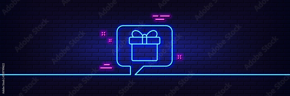 Neon light glow effect. Dreaming of Gift line icon. Present box sign. Birthday Shopping symbol. Package in Gift Wrap. 3d line neon glow icon. Brick wall banner. Wish list outline. Vector Neon light glow effect. Dreaming of Gift line icon. Present box sign. Birthday Shopping symbol. Package in Gift Wrap. 3d line neon glow icon. Brick wall banner. Wish list outline. Vector