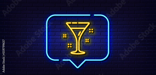Neon light speech bubble. Cocktail glass line icon. Martini drink sign. Hotel service symbol. Neon light background. Cocktail glow line. Brick wall banner. Vector