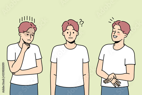 Young man showing different emotions. Millennial male feel emotional demonstrate various facial expression. Vector illustration. 