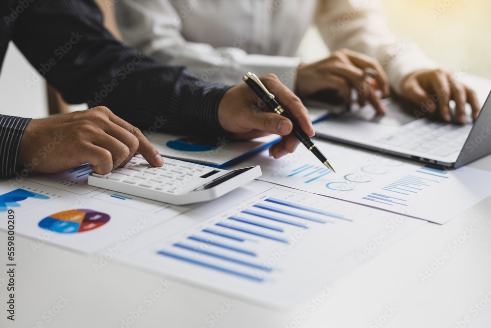 Meeting businessman and financial expert analyzing business report graph and finance budget chart in the office. Concept of finance economy, banking business and stock market research. - obrazy, fototapety, plakaty 