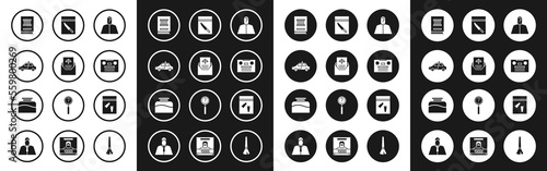 Set Anonymous with question mark, Subpoena, Police car and flasher, Law book, Retro audio cassette tape, Evidence bag knife, bullet and Inkwell icon. Vector