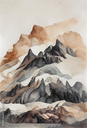 A detailed watercolour mountain scene in neutral colours on textured paper