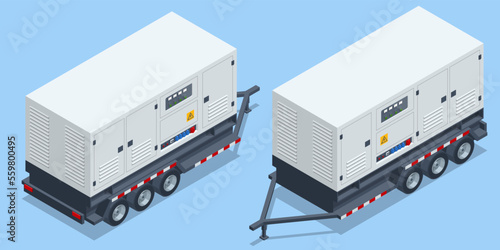 Isometric Generator trailer, Industrial Power Generators isolated on white background 3d vector illustration. Industrial Diesel Generator. Standby generator.