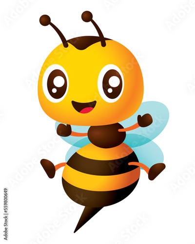 Cartoon cute bee character open arms and legs wider with smiling. Cute bee with long antenna and sharp stinger illustration