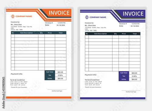 Business Minimal Corporate Invoice design template vector illustration bill form price . Creative template and stationery design payment agreement design template Cash Memo, Vector Quotation Design