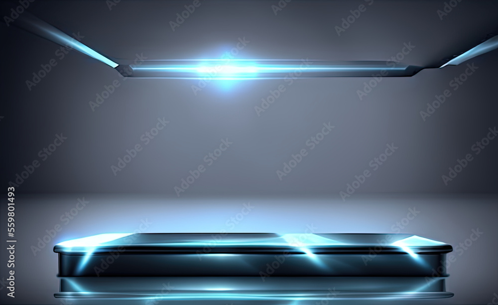 Futuristic dark podium with light and reflection background Futuristic dark podium with light and reflection background