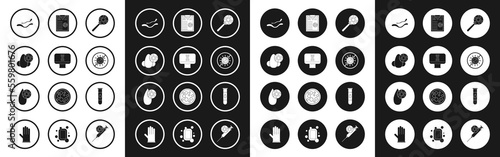 Set Virus under magnifying glass, DNA spiral and computer, Runny nose virus, Ebola disease, Stop, Clipboard with blood test results, Blood and icon. Vector