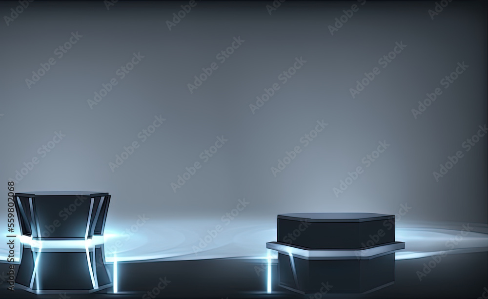 Futuristic dark podium with light and reflection background Futuristic dark podium with light and reflection background