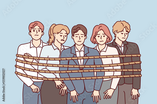 People in office suits tied with rope stand with unhappy face and are sad because poor working conditions. Man and woman employees of company are upset by result of joint activities. Flat vector image